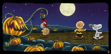 Linus, Charlie Brown, and Snoopy meet The Great Pumpkin.