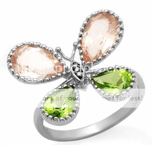 10K White Gold Peridot, Pink Quartz & Diamond Butterfly Ring